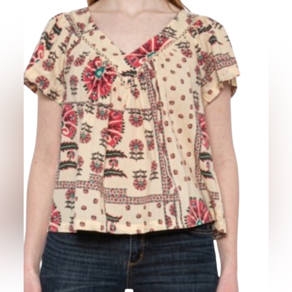 Haute Hippie Women’s Size Large Short Sleeve Colorful Cotton Boho Top. D47
